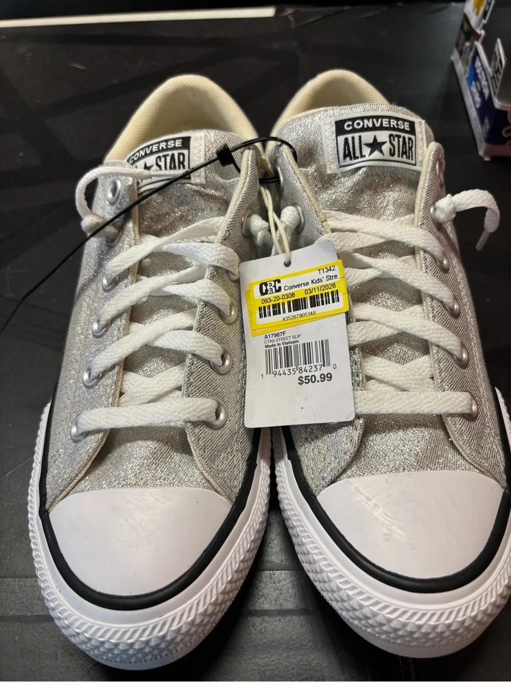 Converse Kids Silver Glitter Low Top Sneakers with White Trim b161s